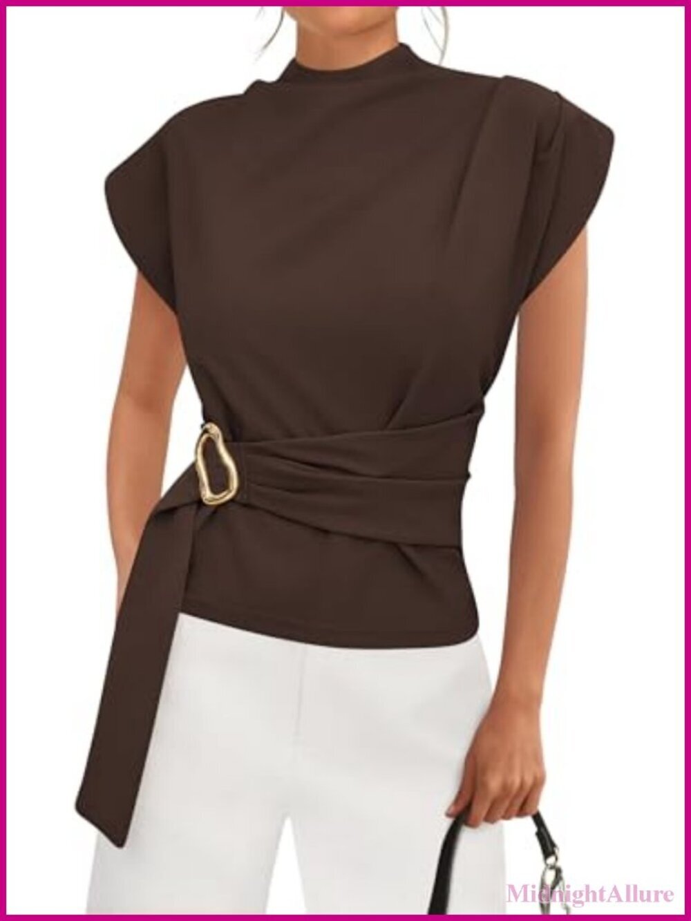 Dressy Cap Sleeve Mock Neck Tunic Blouse with Gold Buckle Front